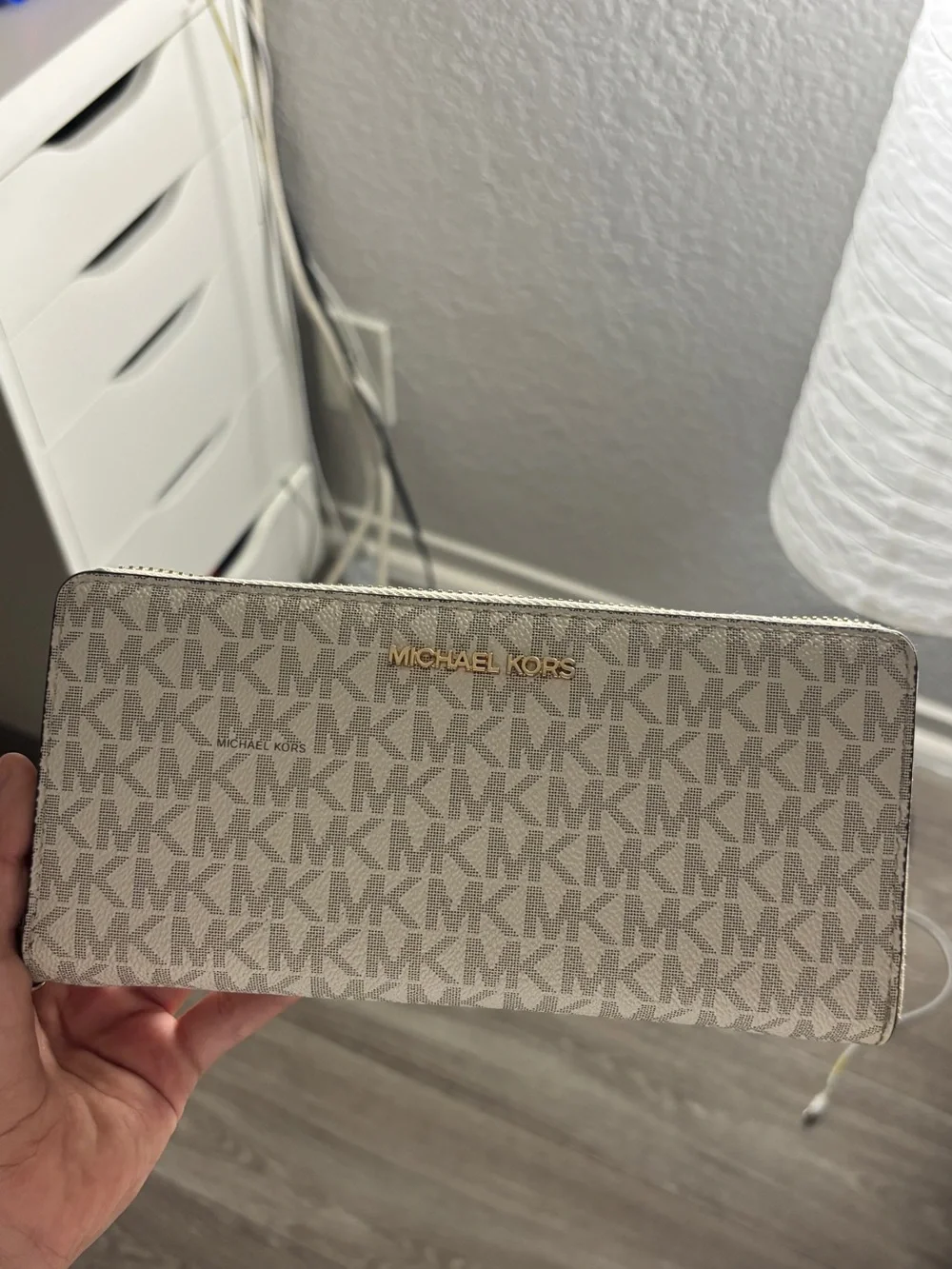 Michael Kors Beige Monogram Zip-Around Wallet with Gold Logo